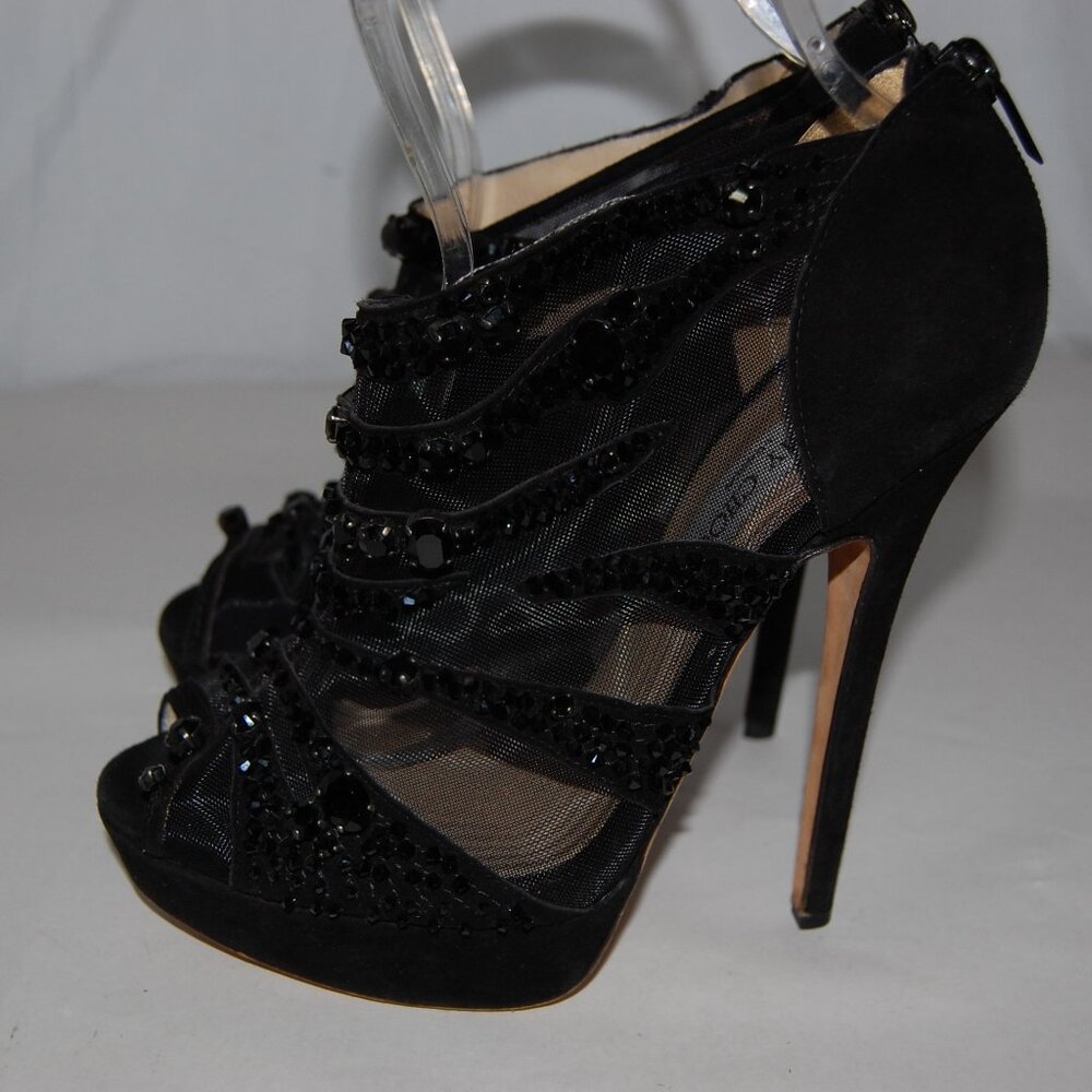 US8.5❤️ Jimmy Choo Black Suede High Heels Ankle Crystal Platform Boots ITALY